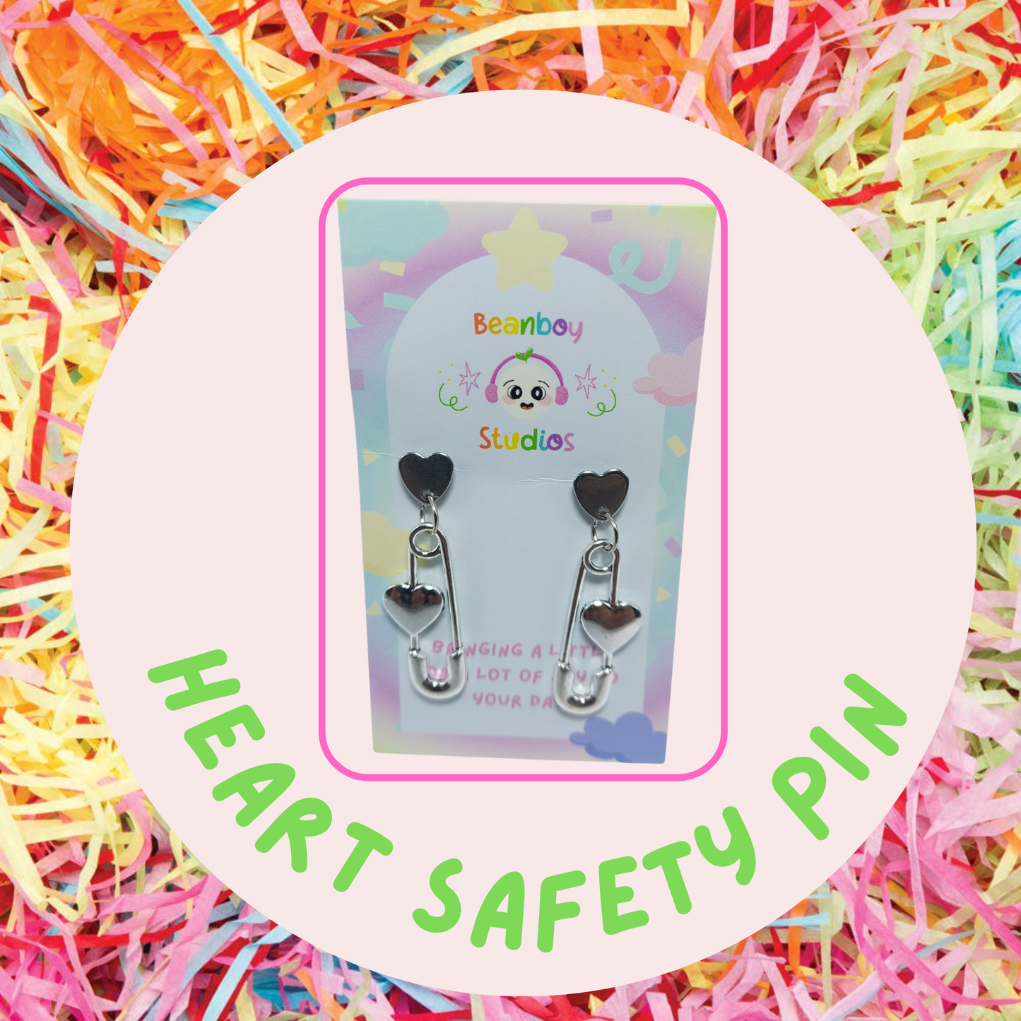 Silver Heart Safety Pin Earrings