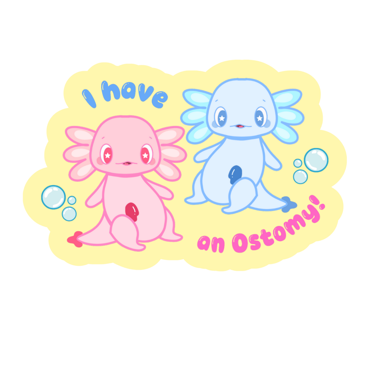 Aqua & Flo the Axolotls with an Ostomy Sticker!