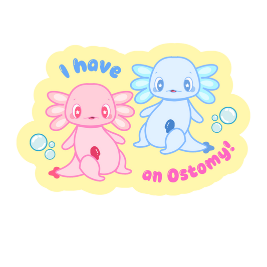 Aqua & Flo the Axolotls with an Ostomy Sticker!