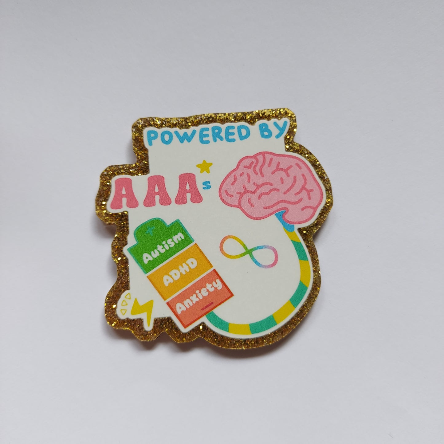 Powered by autism, adhd and anxiety pin badge!